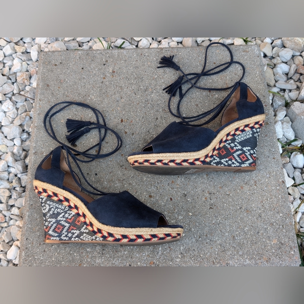 CAbi Navy Espadrille Wedges with Patterned Sole
